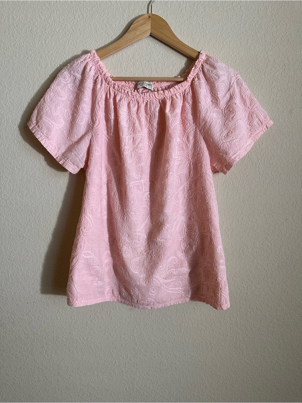 Terzo Millennio Pink Eyelet Embroidered Peasant Top Puff Sleeve Boho Size L